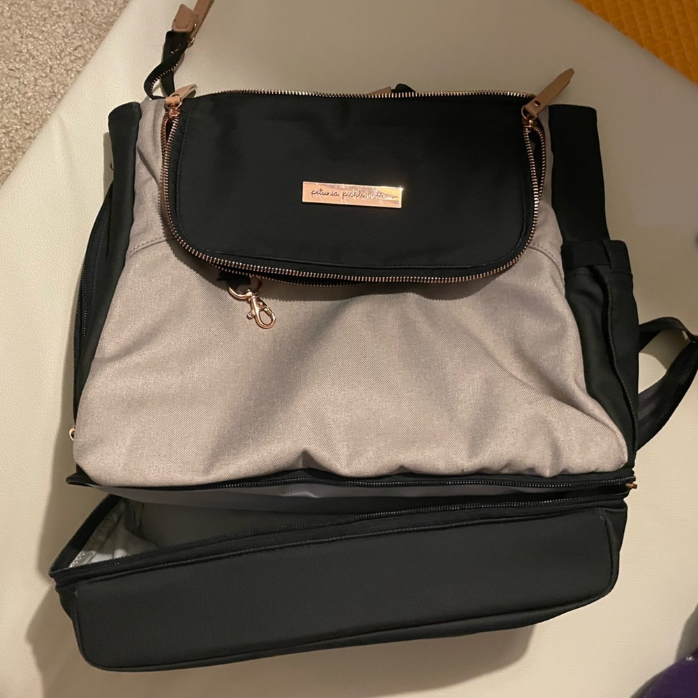 Petunia Pickle Bottom Black and Gray Backpack with rose gold
